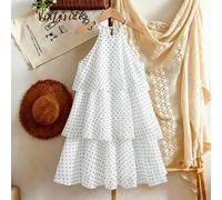 Tween Mädchen Mädchen Perlen Chiffon Weiß und Schwarz Polka Dot geschichtetes Kuchen Mini Kleid Sommer Hochzeit, Abschluss, Outfit Blumenmädchen süß e