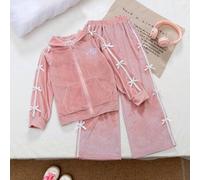 Tween-Mädchen Modischer koreanischer Stil 2-teiliges Set, beinhaltet Kapuzenjacke mit Reißverschluss und Schleifendekor sowie weite Bundfaltenhose, sp