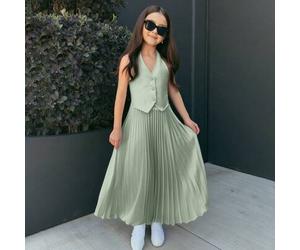 Tween-Mädchen Nova Glow Lässiges, einfarbiges, ärmelloses Cropped-Cardigan-Top kombiniert mit einem hochtaillierten, plissierten langen Rock - perfekt