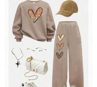 Tween Mädchen-Outfit, lässiges Set aus weitem Sweatshirt mit Herz-Muster und Hose, minimalistisch und bequem, Rundhalsausschnitt, Langarm