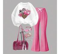 Tween Mädchen Outfit mit Herz-Muster Sweatshirt mit Rundhalsausschnitt und weiter Hose, lässiger Stil