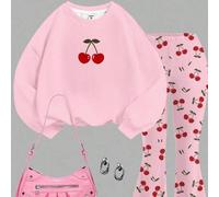 Tween Mädchen Retro süßes Mini Kirschen Muster, Tween Mädchen Strick Rundhals Buchstaben Grafik lockeres Sweatshirt und Schlaghose Herbst Lässig 2-tei