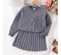 Tween-Mädchen Set aus besticktem Pullover mit Rundhalsausschnitt und Faltenrock, grau, weich und bequem für den Alltag, Outdoor, Reisen, Urlaub, Zuhau