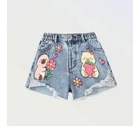 Tween-Mädchen Shorts im Denim-Look mit stark Washed Cartoon-Patchwork-Muster und Destroyed-Effekt