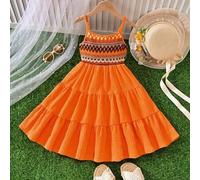 Tween-Mädchen-Slip-Minikleid aus orangefarbenem tropischem Strick-Patchwork-Stoff, Boho-Urlaubs-Outfit für den Sommer und Strand