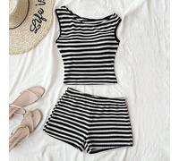 Tween-Mädchen Sommer Lässig asymmetrisches strukturiertes gestreiftes Off-Shoulder T-Shirt und Shorts 2-teiliges Set