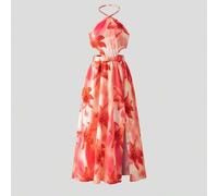 Tween Mädchen Sommeroutfits Tween Mädchen Blumenmuster Neckholder Schlitz Mini-Kleid, elegantes tropisches Urlaubs-Strand-Orange und Weiß