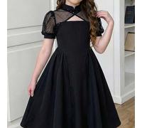 Tween Mädchen Spitzen-Blütenärmel Taille-Splice Kleid, Schwarz Weiß Polka Dot, Herbst, Elegant, Party, Süß Niedlich Tween Mädchen Schwarze Kleider für