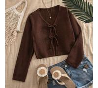 Tween Mädchen Strick einfarbig V-Ausschnitt figurbetonter lässiger Herbst Cardigan Braun gestrickt gerippte Bündchen Schleife Pullover für Winter Schu