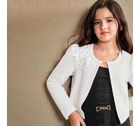 Tween-Mädchen Süße strukturierte Strickjacke mit Puffärmeln und 3D-Perlendekor auf den Schultern, eleganter kurzer Cardigan