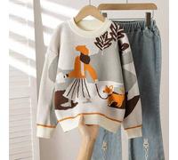Tween Mädchen süßer beiger Langarm Rundhals Strickpullover Herbst Schulanfang Cartoon Jacquard Muster weich sanft vielseitig Abschied Pullover