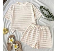 Tween Mädchen T-Shirt Co-Ords Sommer Neu Lässig Urlaub Alltag Blau & Weiß Strukturierte Streifen Locker Kurzarm T-Shirt & Shorts Set