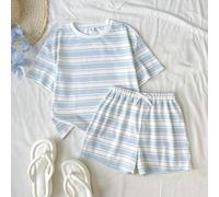 Tween Mädchen T-Shirt Set Sommer Neu Lässig Urlaub Alltag Blau & Weiß strukturierte gestreifte lockere Kurzarm T-Shirt & Shorts Set