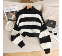 Tween Mädchen Teenager lässig & Zuhause Loose Fit schwarz-weiß gestreifter strukturierter Rollkragenpullover mit überlanger Ärmel, vintage schwarz-wei