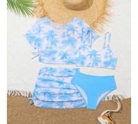 Tween Mädchen Tropisch Muster Rüschen Bikini Set mit Kordelzug Set, Kurzarm Badeanzug Strand Outfit Sommerurlaub Sommerstrand