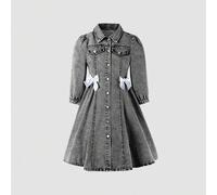 Tween Mädchen Vintage Lässig Urban Preppy süßes Jeanskleid mit 3/4 Ärmeln und handgenähter weißer Schleife in der Mitte vorne