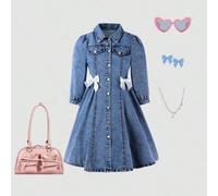 Tween Mädchen Vintage Lässig Urban Preppy süßes Jeanskleid mit 3/4 Ärmeln und handgenähter weißer Schleife in der Mitte vorne