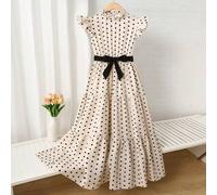 Tween Mädchen, weißer Hintergrund schwarzer Polka Dot Muster Farbblock elegantes Kleid, geraffte Taille mit Gürtel A-Linie Blumen Street Party Outfit