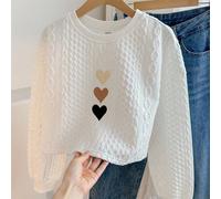 Tween-Mädchen Weißes, kurzes Sweatshirt aus Jacquard-Stoff mit Herzmuster, Rundhalsausschnitt, locker geschnitten, vielseitig und lässig