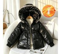 Tween Mädchen Winter Pufferjacke glänzender Kunstfell Kapuzenmantel wattiert warm schwer elastische Taille mittellanger Parka Thermobekleidung Schneeb