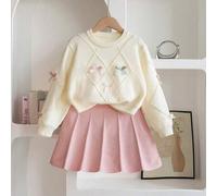 Tween Mädchen Winter Strick 2-teiliges Set, süßer 3D Schleife Pullover mit Faltenrock, eleganter 8-13 Jahre alte Mädchen 3D Kontrastfarbe Schleife Zop
