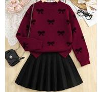 Tween-Mädchen Zweiteiliges Set aus Drop-Shoulder Pullover mit Herzmuster und schwarzem Faltenrock, ideal für Alltag und Lässig , warm und perfekt für