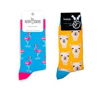 TwoSocks Weihnachtsmann Socken Herren & Damen lustige und witzige Strümpfe als Geschenk, Baumwolle, Einheitsgröße (Alpaka + Flamingo)