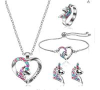 TXDAMAI Kinder Schmuck Set, Einhorn Freundschaft Armband, Einhorn Halskette und Mädchen Geburtstag Party Geschenk Armband Einhorn Pony Ring Armband Halskette Ohrringe Bunte Pony Set