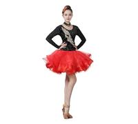 Tytyozay Damen Latein Tanzkleid, Elegantes Langarm Latin Dance Kleid Mit Strass Und Floraler Applikation Mehrlagigem Rüschenrock Praxis Kostüm Für Chacha Rumba Samba Bühne Wettbewerb,Rot,XL