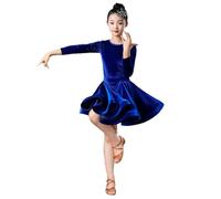 Tytyozay Kinderkleid Zum Tanzen, Langarm Rundhalsausschnitt Latein Tanzkleid Rumba Samba Kleid Röcke Tanzbekleidung Übungskleidung,Blau,130