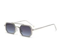 TYUVIVO Retro Doppelstege Herren Polygon Kleine Quadratische Sonnenbrille Mode Klare Ozean Verlaufsgläser Brillen Damen Metallrahmen,Silber Grau Blau,Einheitsgröße