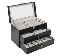 Tyvotrend Uhrenbox Brillen Organizer Box, 3 Ebenen Aufbewahrungsbox mit Uhrenkissen und Schublade, Deckel aus Klarglas, für Herren und Damen,12 Fächer Uhren und 12 Fächer Brillen