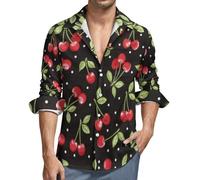 TZTTZT Langarmhemd mit Knopfleiste für Herren, süße rote Kirsche, lässiger V-Ausschnitt, Button-Up-Shirt, Herren mit Tasche, Schwarz, XL