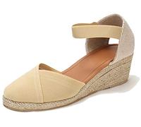 U-lite Women's 3'' Elastic Band Ankle Strap Round Closed Toe Espadrilles Wedges Heel Sandals'