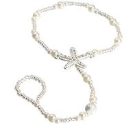 U-M Boho Fußkettchen Seestern Faux Perlen Knöchelkette Barfuß Sandalen Elastischer Strand Hochzeit Fußschmuck mit Zehenring - Weiß