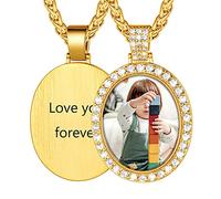 U7 Damen DIY Kette mit Foto 18k vergoldet Zirkonia Iced Oval Anhänger Halskette personalisiert Frauen Modeschmuck Souvenir Andenken für Valentinstag Muttertag