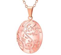 U7 Damen Oval Medaillon Retro Blumen Zweig Medaillon zum Öffnen für Bilder Foto Rosegold Halskette Anhänger Amulett Souvenir Freundschaftskette Kettenanhänger Mode Schmuck für Vatertag