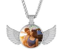 U7 Damen personalisiert Foto Kette Zirkonia Iced Runde Anhänger mit Flügel + Edelstahl Weizenkette Herren DIY Foto Halskette Modeschmuck Souvenir Andenken