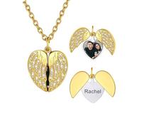 U7 Frauen Halskette mit Zirkon Foto Anhänger Herz Flügel Medaillon zum Öffnen für Bilder Engelsflügel Foto Kette Gravur Herzanhänger Memorial Herzkette Gold Personalisiert Modeschmuck für Schwester