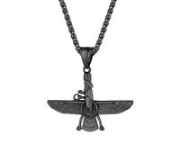 U7 Schmuck Herren Kette mit Anhänger Faravahar Kette Schwarz Halskette Edelstahl Iran Perser Farohar Anhänger Amulett Forouhar Anhänger mit 3mm Weizenkette Zoroastrismus Modeschmuck für Bruder