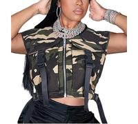 UATKIMI Damen ärmellose Crop Weste Schnalle Reißverschluss Jacke Cargo Tops mit Taschen, Camouflage, Medium