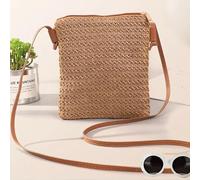 UDYSNGWMC Strohtaschen Strandtasche Frauen Stroh Rattan Gewebt Zopf Kleine Quadratische Taschen Für Mädchen Strand Schräg Über Stroh Umhängetasche Damen Darkcoffee