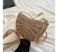 UDYSNGWMC Strohtaschen Strandtasche Halbkreis Stroh Gewebte Schulter Umhängetasche Reise Kleine Handtasche Damen Handgemachte Rattan Quaste Design Strandtasche 14X1X17Cm Braun