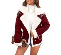 Übergangsjacke Damen Kunstleder Lammfelljacke Gefütterte Jacke mit Knöpfen Langen Ärmeln Lässige Winterjacke Warme Herbst - Oberbekleidung XL Deep Red
