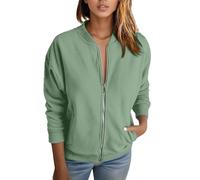 Übergangsjacke Damen Leichte Elegant Blouson Jacke Langarm Casual Sweatjacke mit College-Kragen Bomberjacke Reißverschluss Herbst Jacken,02 Grün,XL