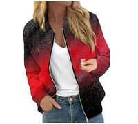Übergangsjacke Damen Mantel Damen Lang Damen Anzug Elegant 2 Teilig Frauen Herbst Stehkragen Bunt Drucken Zip Up Langarm Kurze Pilotenjacke Mit Tasche Leichte Reißverschluss Bomber Jacke (Rot, S)