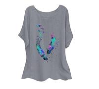Übergröße Baumwoll Leinen Oberteile Lässiges Feder Muster T-Shirt Sommer Kurzarm Tops Pullover mit Rundhalsausschnitt Lässiges Hemd Lockere Bluse Große Größe Pulli Shirt Blusentops