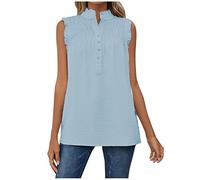 übergröße damen oberteile ärmellose t-shirt top schwarz elegant xxl Einfarbig Stehkragen Plissiert Patchwork Tanktop Chiffon Bluse mit Knöpfen Sommer Ärmellos Tunika Blusentop tshirts(Blau, M)