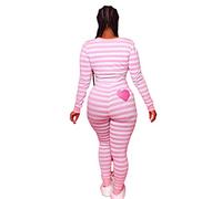 Übergröße Overall, Frauen Pyjama Jumpsuit Langarm Pyjama Herz Gedruckt Knopf Streifen Frauen Kleidung (Rosa L)