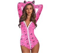 Übergrößen-Jumpsuit, Frauen-Mode, Katzenohren, niedlich, langärmelig, bedruckt, Pyjama, Jumpsuit, Frauenkleidung (rosa L)